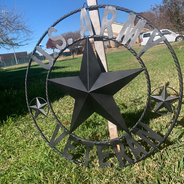 US ARMY VETERAN BARN STAR METAL LONESTAR CUSTOM NAME STAR WESTERN HOME DECOR RUSTIC BLACK  24",32",36",50"