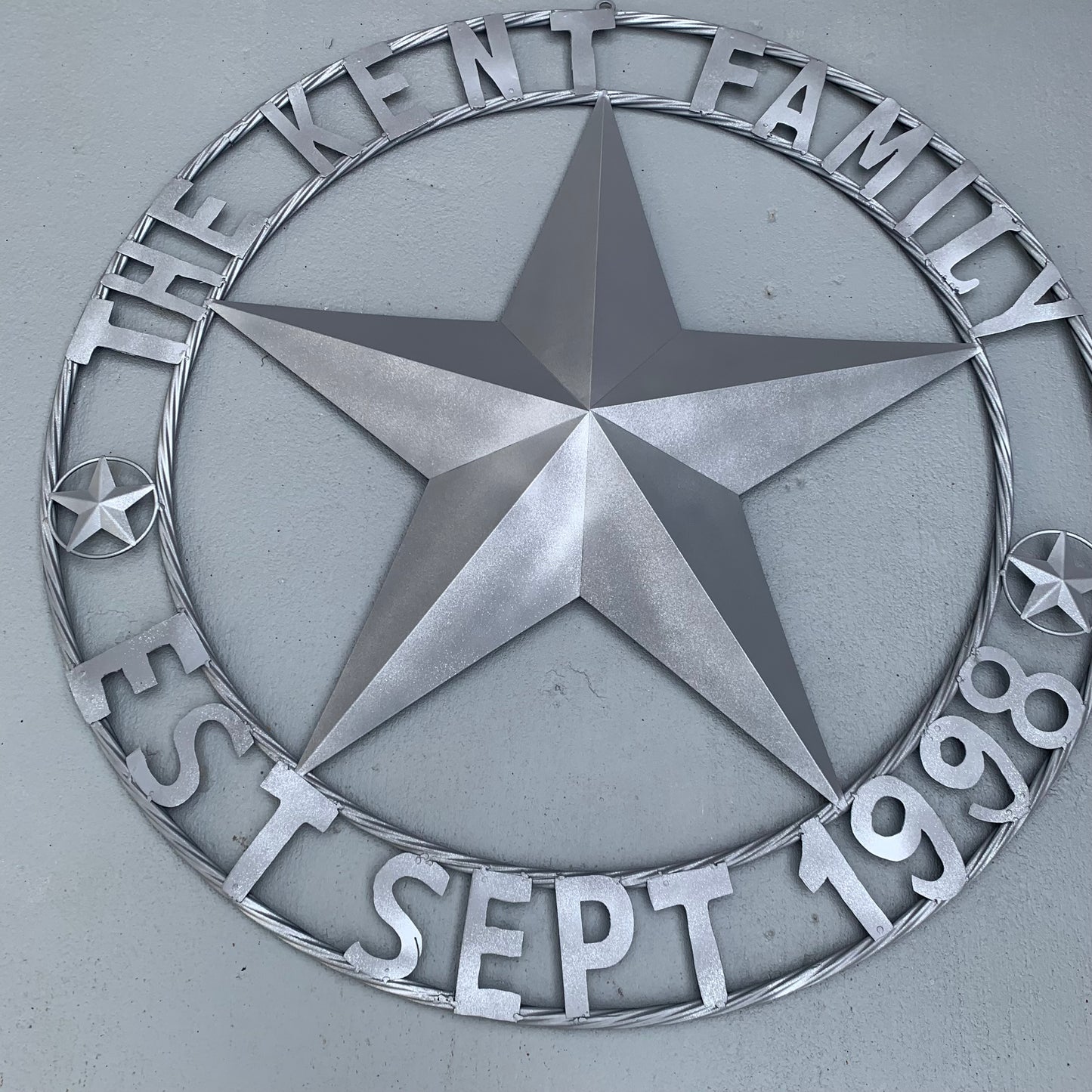 KENT STYLE CUSTOM STAR NAME BARN METAL STAR 3d TWISTED ROPE RING WESTERN HOME DECOR RUSTIC GREY SILVER HANDMADE 24",32",36",50"