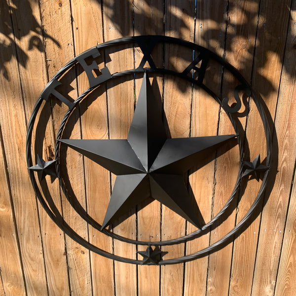 TEXAS LONESTAR WITH 3 SMALL STARS BARN STAR METAL RUSTIC BLACK TWISTED ROPE RING WESTERN HOME DECOR HANDMADE NEW