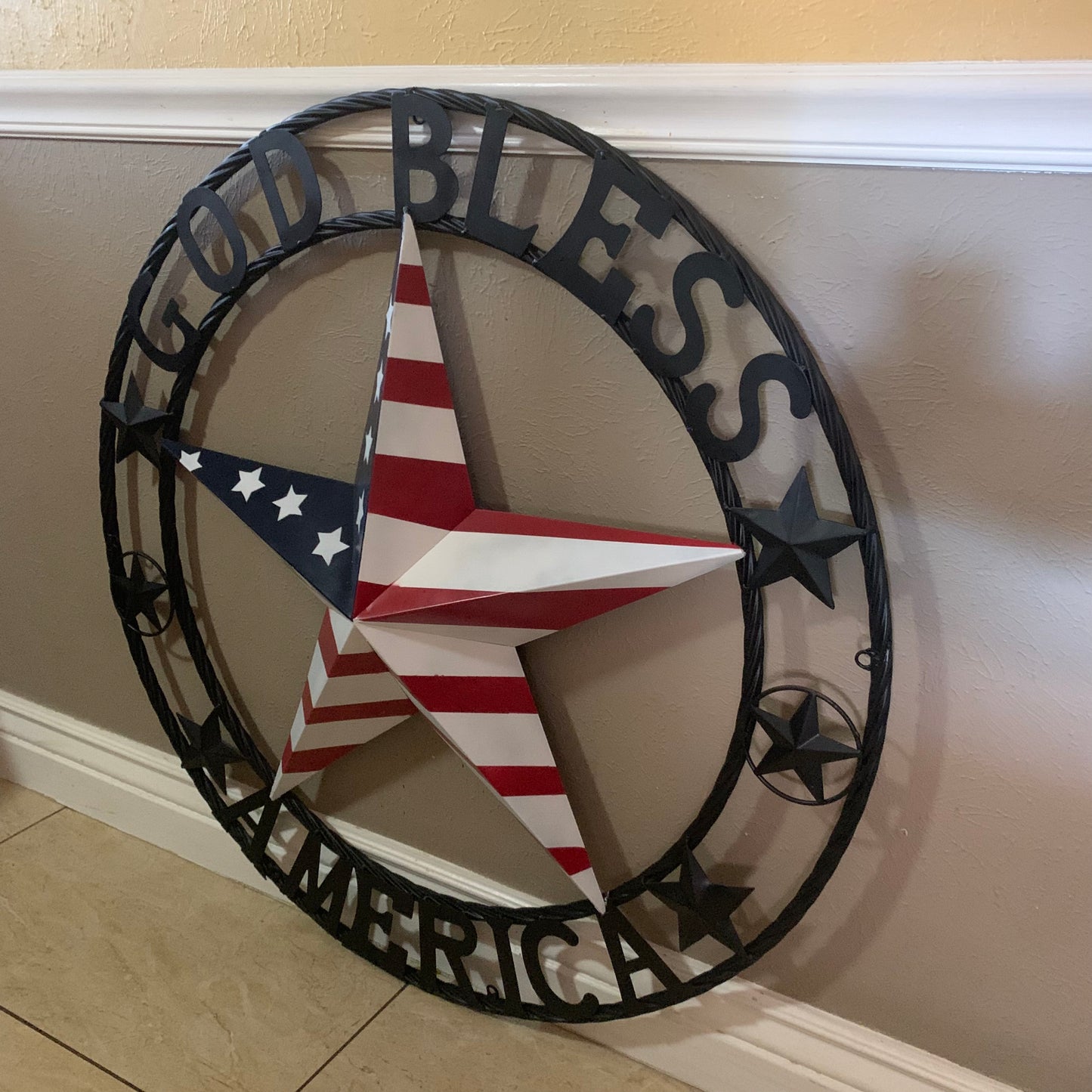 GOD BLESS AMERICA USA FLAG 3d STAR METAL BARN STAR BLACK TWISTED ROPE RING WALL ART WESTERN HOME DECOR RED WHITE & BLUE HANDMADE NEW #EH10490