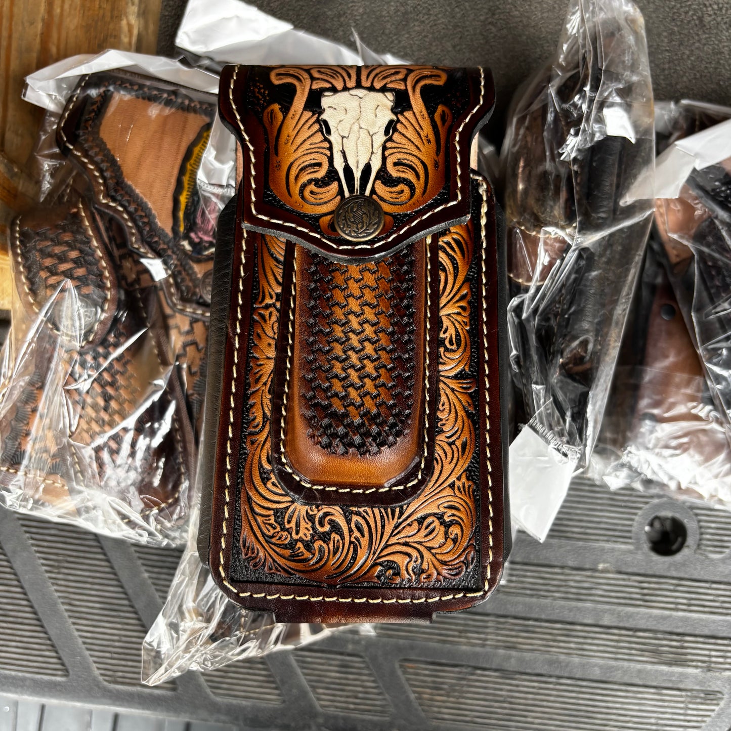LONGHORN LEATHER HOLSTER 7" PHONE POUCH WITH KNIFE HOLDER FRONT EXTRA LARGE BELT LOOP CELL PHONE CASE UNIVERSAL OVERSIZE MEXICO MADE #EH