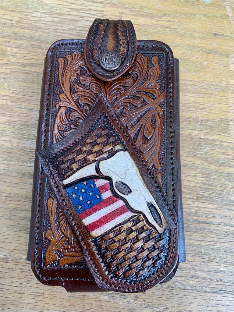 7" USA LONGHORNS LEATHER HOLSTER POUCH EXTRA LARGE  BELT LOOP CELL PHONE CASE UNIVERSAL OVERSIZE #EH11714