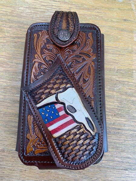 7" USA LONGHORNS LEATHER HOLSTER POUCH EXTRA LARGE  BELT LOOP CELL PHONE CASE UNIVERSAL OVERSIZE #EH11714