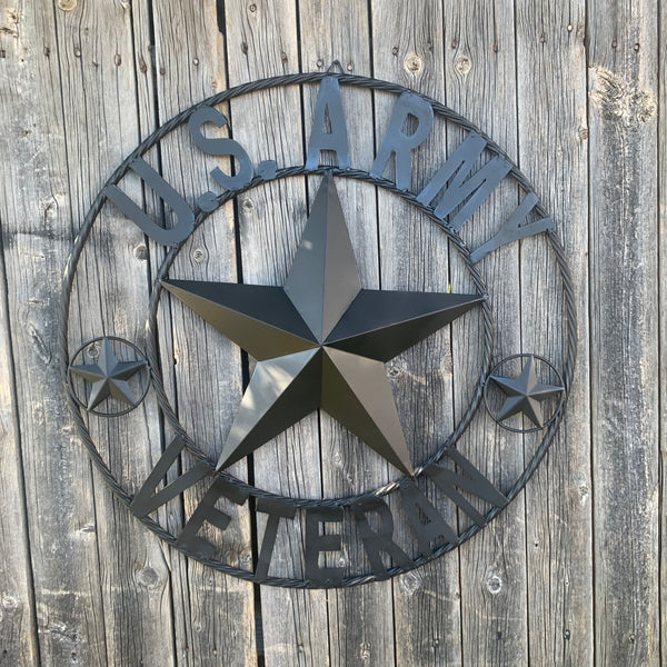 US ARMY VETERAN BARN STAR METAL LONESTAR CUSTOM NAME STAR WESTERN HOME DECOR RUSTIC BLACK  24",32",36",50"