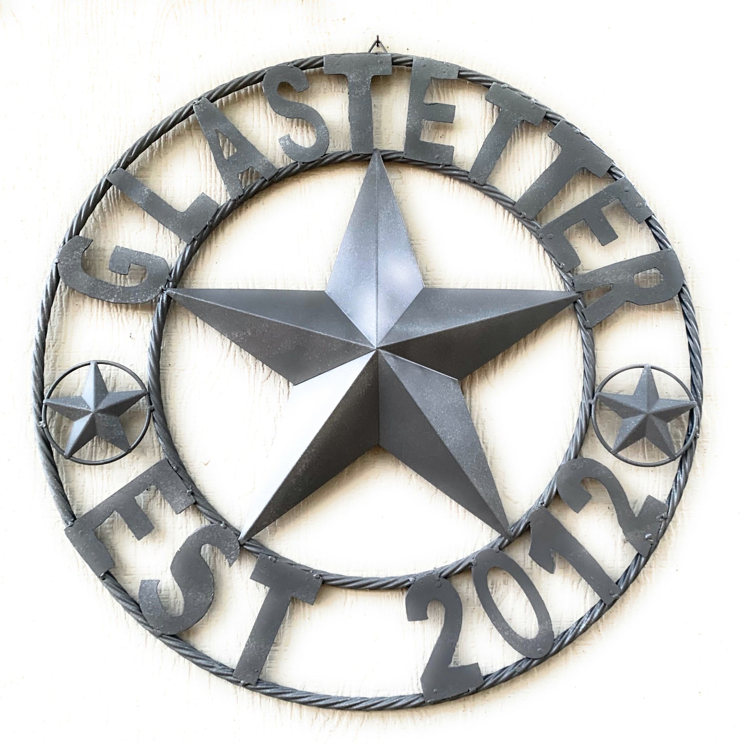 GLASTETTER STYLE YOUR CUSTOM NAME BARN STAR 3d METAL LONE STAR TWISTED ROPE RING WESTERN HOME DECOR RUSTIC GREY HANDMADE 24",32",36",50"