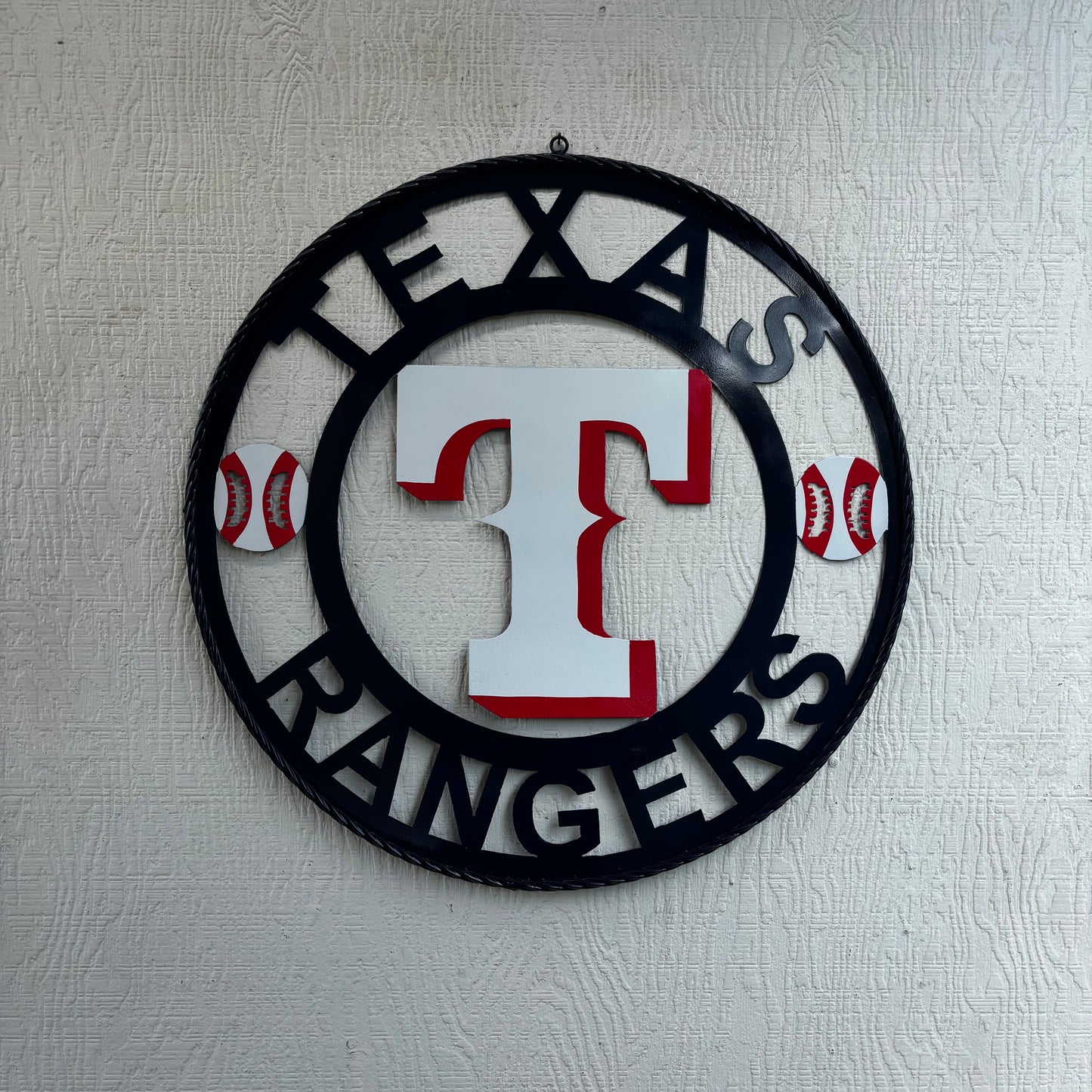 TEXAS RANGERS CUSTOM METAL VINTAGE CRAFT TEAM SIGN WHITE & RED & NAVY BLUE RING HANDMADE