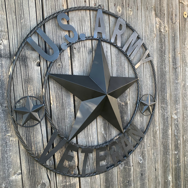 US ARMY VETERAN BARN STAR METAL LONESTAR CUSTOM NAME STAR WESTERN HOME DECOR RUSTIC BLACK  24",32",36",50"