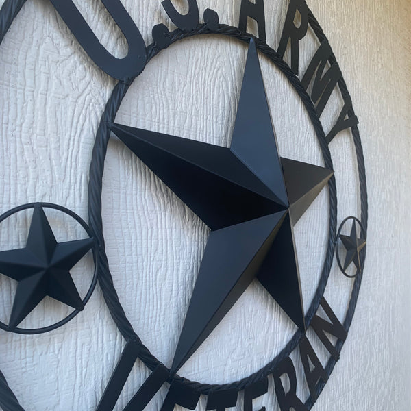 US ARMY VETERAN BARN STAR METAL LONESTAR CUSTOM NAME STAR WESTERN HOME DECOR RUSTIC BLACK  24",32",36",50"