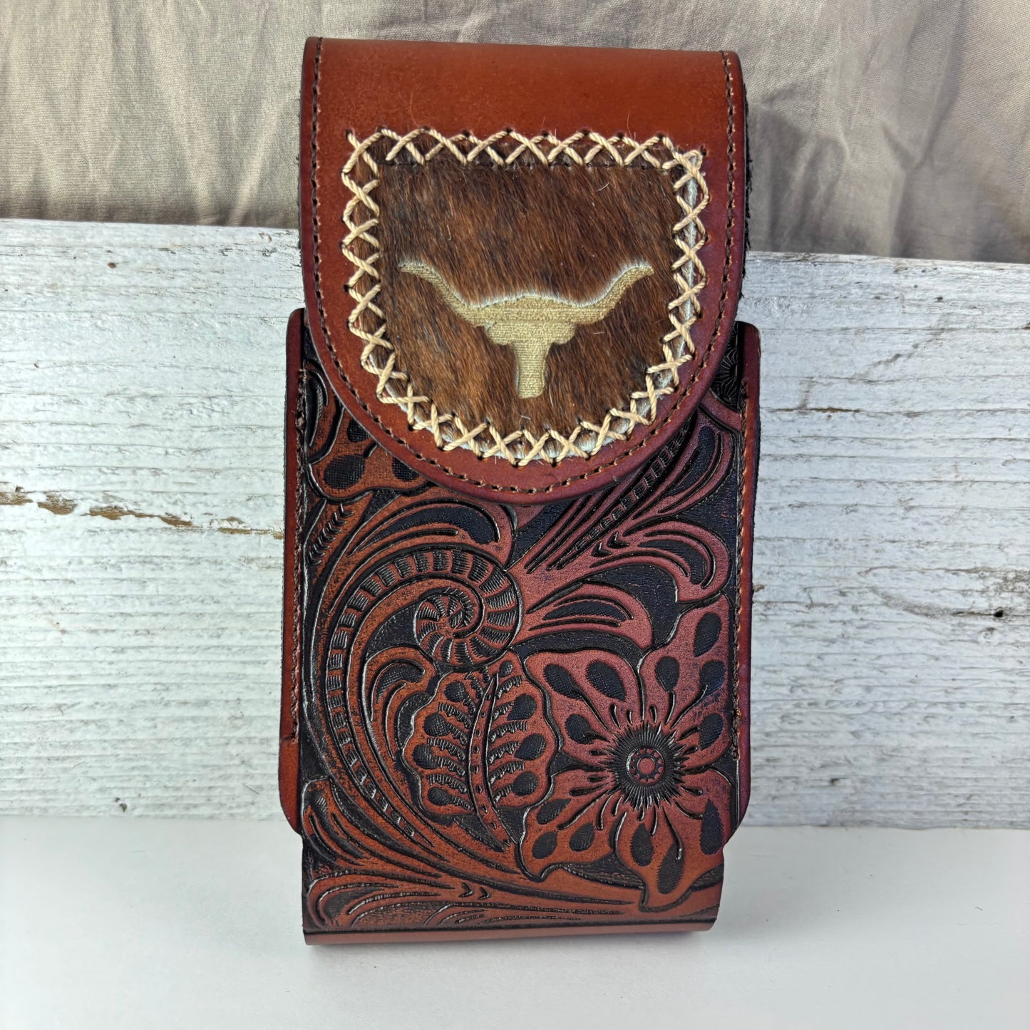 7" LONGHORNS LEATHER HOLSTER BROWN POUCH EXTRA LARGE BELT LOOP CELL PHONE CASE UNIVERSAL OVERSIZE #EH13321