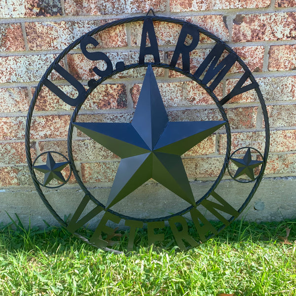 US ARMY VETERAN BARN STAR METAL LONESTAR CUSTOM NAME STAR WESTERN HOME DECOR RUSTIC BLACK  24",32",36",50"