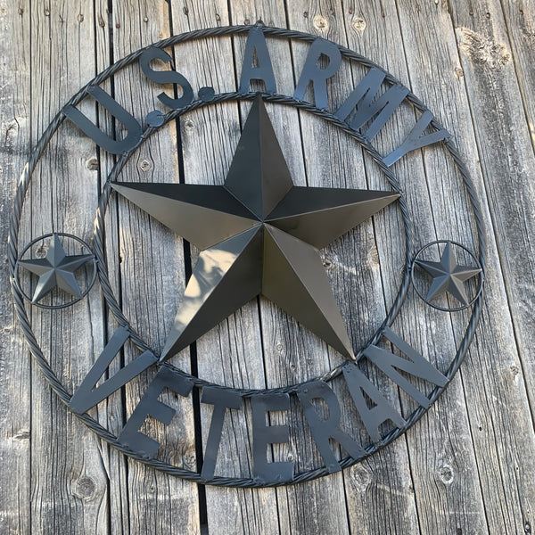 US ARMY VETERAN BARN STAR METAL LONESTAR CUSTOM NAME STAR WESTERN HOME DECOR RUSTIC BLACK  24",32",36",50"