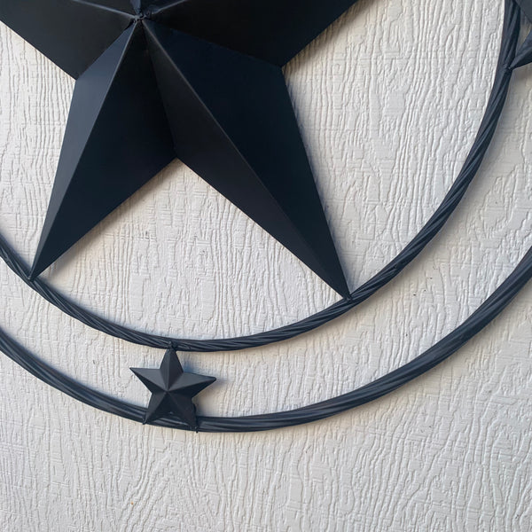 TEXAS LONESTAR WITH 3 SMALL STARS BARN STAR METAL RUSTIC BLACK TWISTED ROPE RING WESTERN HOME DECOR HANDMADE NEW