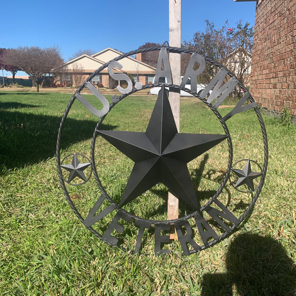 US ARMY VETERAN BARN STAR METAL LONESTAR CUSTOM NAME STAR WESTERN HOME DECOR RUSTIC BLACK  24",32",36",50"