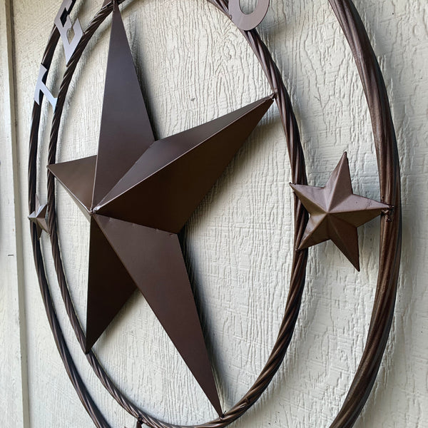 TEXAS LONESTAR WITH 3 SMALL STARS BARN STAR METAL RUSTIC BRONZE COPPER TWISTED ROPE RING WESTERN HOME DECOR HANDMADE NEW