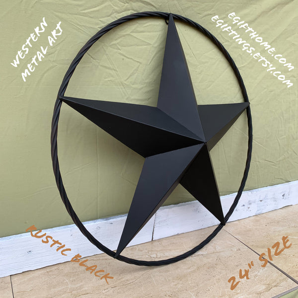 RUSTIC BLACK BARN STAR METAL LONE STAR 3d TWISTED ROPE RING WESTERN HOME DECOR HANDMADE NEW 12",16",24",32",36"-#EH10608