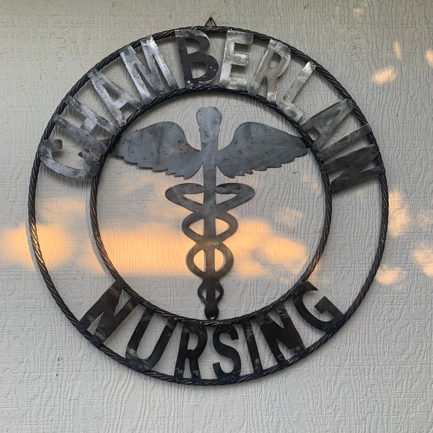 CUSTOM NAME CHAMBERLAIN NURSING STYLE TWISTIED RING BARN RUSTIC BRONZE METAL SIGN WESTERN HOME DECOR HANDMADE 24",32",36"