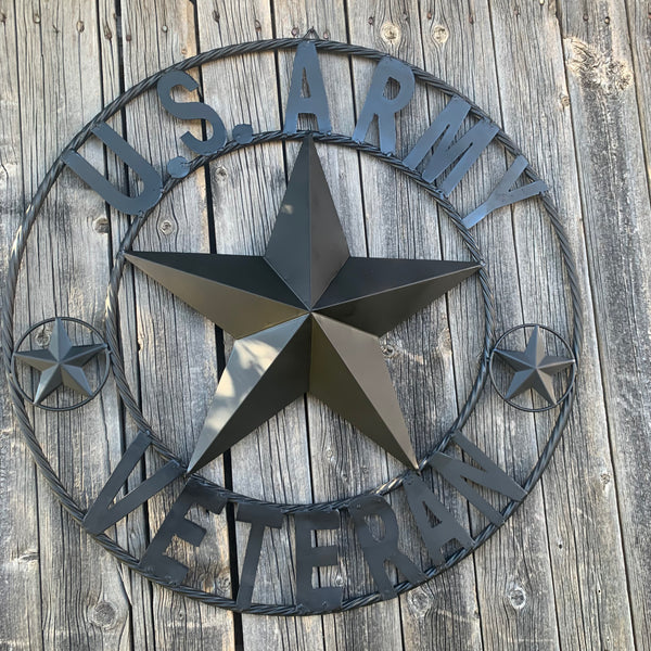 US ARMY VETERAN BARN STAR METAL LONESTAR CUSTOM NAME STAR WESTERN HOME DECOR RUSTIC BLACK  24",32",36",50"