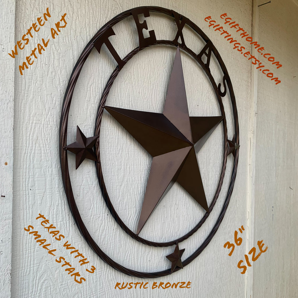 TEXAS LONESTAR WITH 3 SMALL STARS BARN STAR METAL RUSTIC BRONZE COPPER TWISTED ROPE RING WESTERN HOME DECOR HANDMADE NEW
