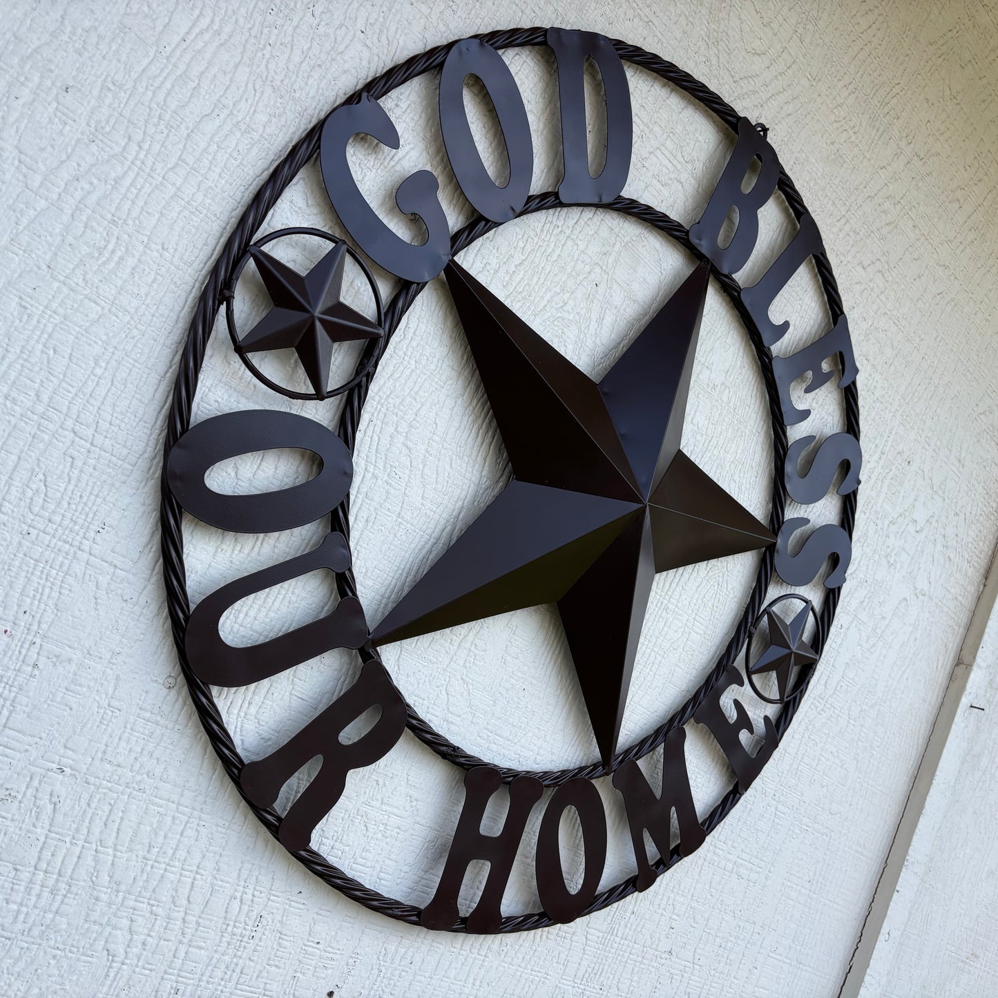 GOD BLESS OUR HOME BLACK BARN STAR METAL LONE STAR TWISTED ROPE RING WESTERN HOME DECOR HANDMADE #EH10941