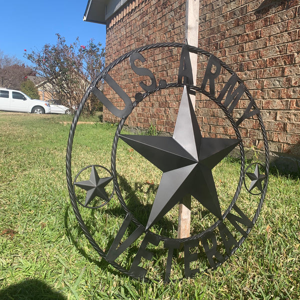 US ARMY VETERAN BARN STAR METAL LONESTAR CUSTOM NAME STAR WESTERN HOME DECOR RUSTIC BLACK  24",32",36",50"