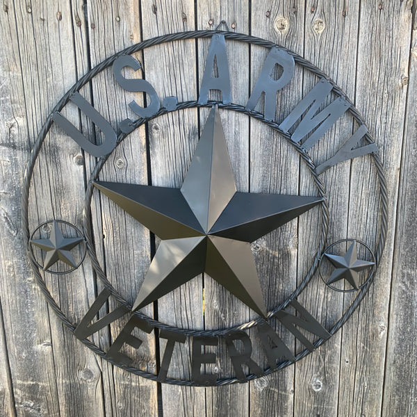 US ARMY VETERAN BARN STAR METAL LONESTAR CUSTOM NAME STAR WESTERN HOME DECOR RUSTIC BLACK  24",32",36",50"