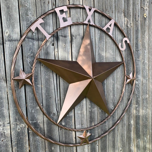 TEXAS LONESTAR WITH 3 SMALL STARS BARN STAR METAL RUSTIC BRONZE COPPER TWISTED ROPE RING WESTERN HOME DECOR HANDMADE NEW