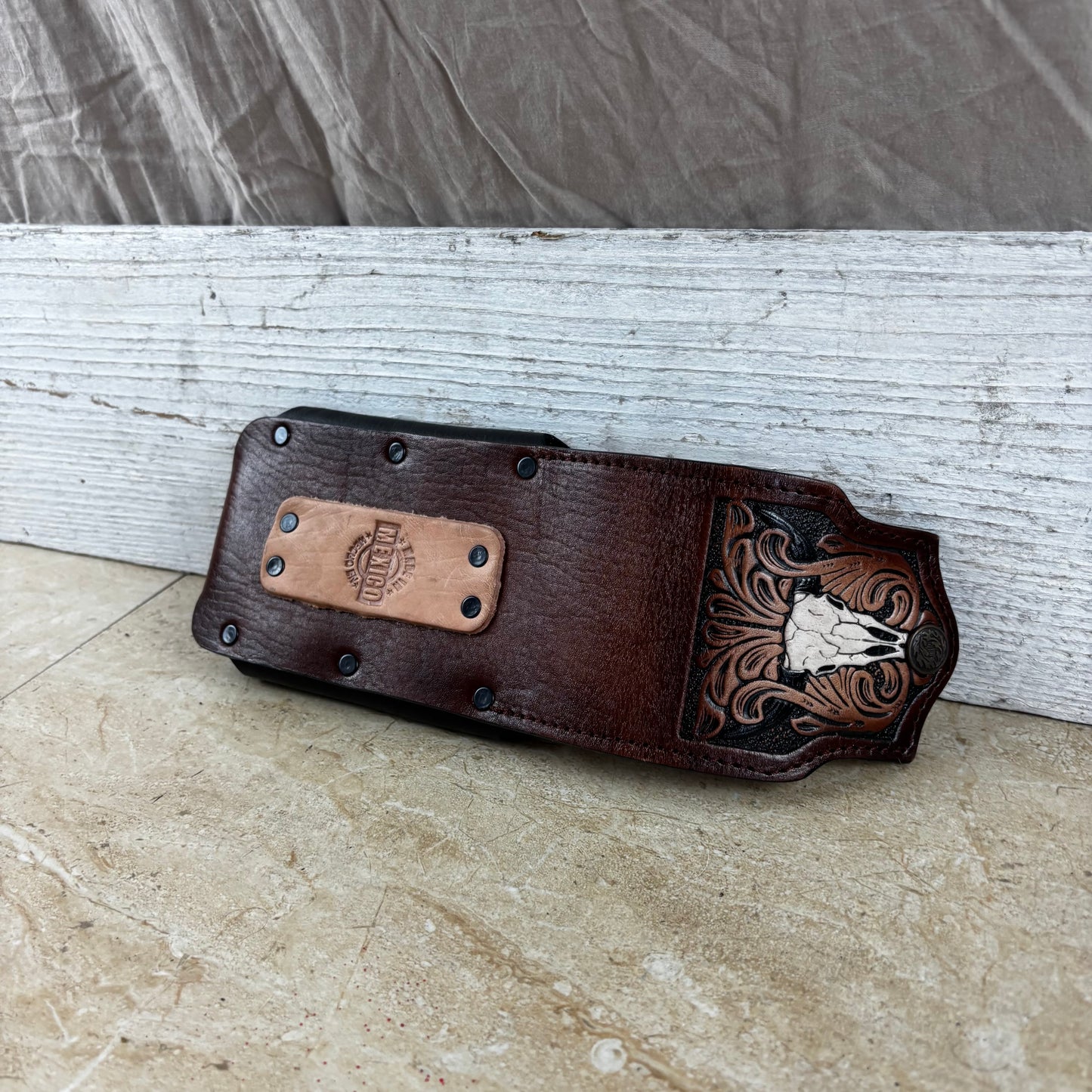 COWBOY BOOT HAT ROPING LEATHER HOLSTER 7" PHONE POUCH WITH KNIFE HOLDER FRONT EXTRA LARGE BELT LOOP CELL PHONE CASE UNIVERSAL OVERSIZE MADE IN MEXICO #EH13862