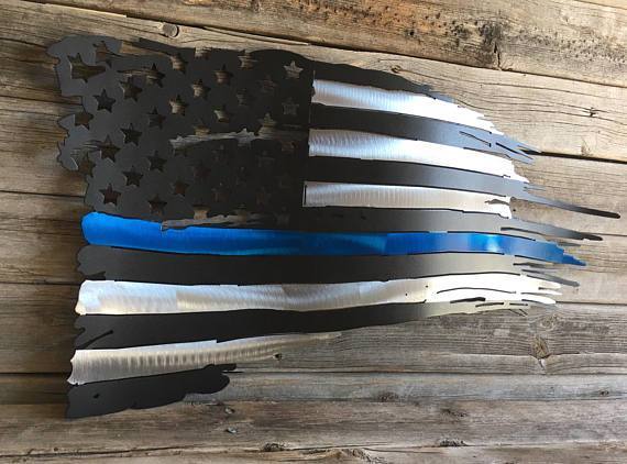BLUE LINE LAW ENFORCEMENT TATTERED FLAG CUSTOM VINTAGE CRAFT TEAM WALL ART WESTERN HOME DECOR HANDMADE