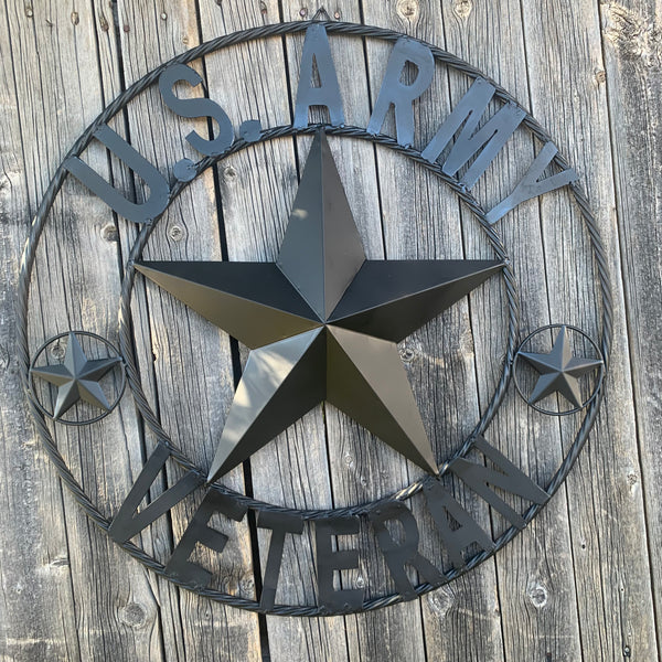 US ARMY VETERAN BARN STAR METAL LONESTAR CUSTOM NAME STAR WESTERN HOME DECOR RUSTIC BLACK  24",32",36",50"