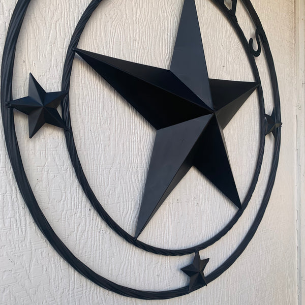 TEXAS LONESTAR WITH 3 SMALL STARS BARN STAR METAL RUSTIC BLACK TWISTED ROPE RING WESTERN HOME DECOR HANDMADE NEW