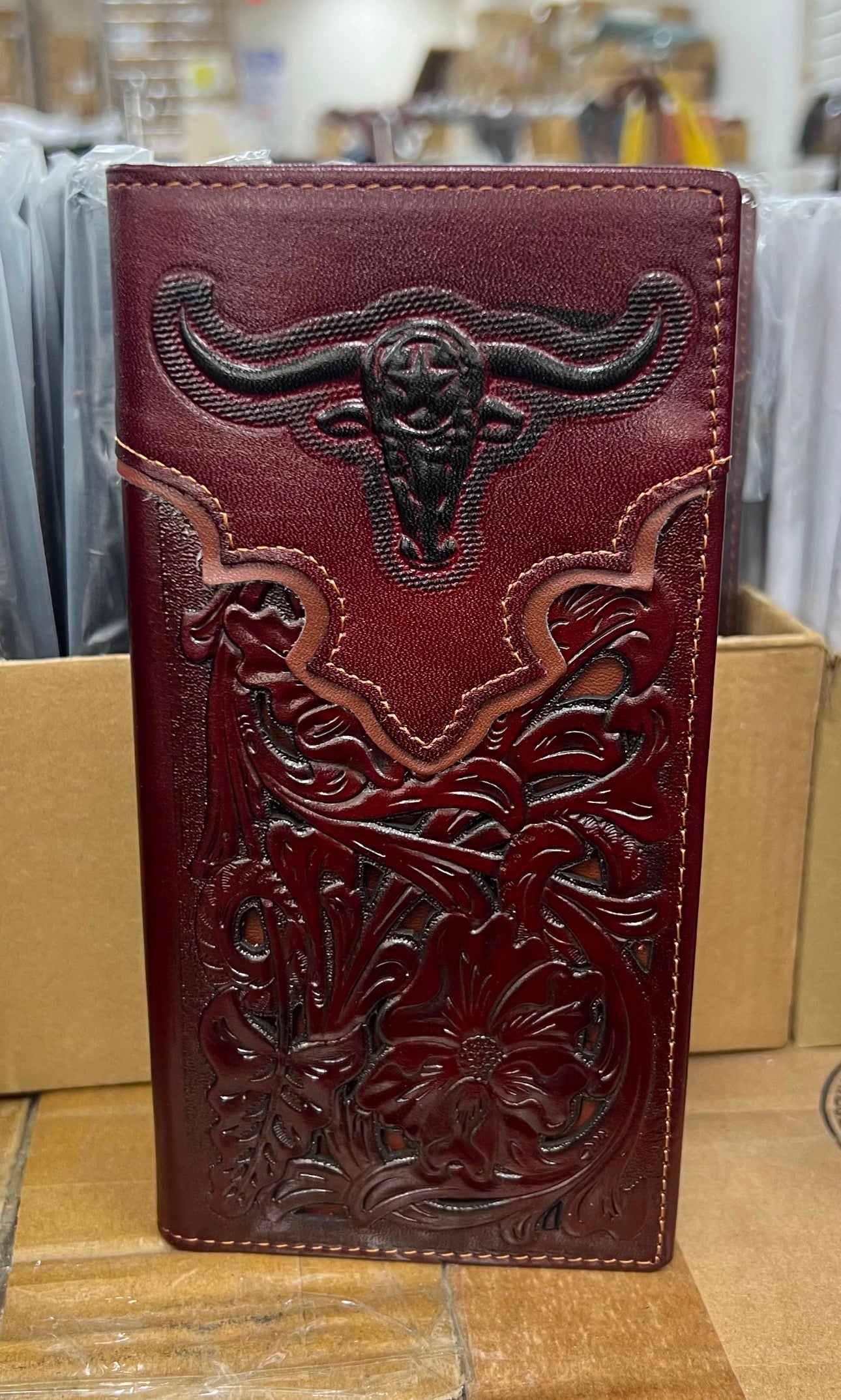 LONGHORNS BROWN GENUINE LEATHER WESTERN CHECKBOOK MEN'S WALLET WESTERN FASHION #EH