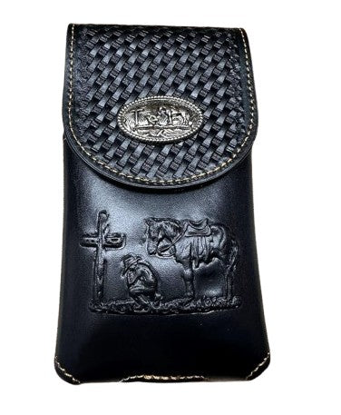 7" COWBOYS PRAYER BROWN EMBOSSED LEATHER POUCH EXTRA LARGE  BELT LOOP HOLSTER CELL PHONE CASE UNIVERSAL OVERSIZE #EH12708--FREE SHIPPING