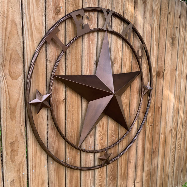 TEXAS LONESTAR WITH 3 SMALL STARS BARN STAR METAL RUSTIC BRONZE COPPER TWISTED ROPE RING WESTERN HOME DECOR HANDMADE NEW