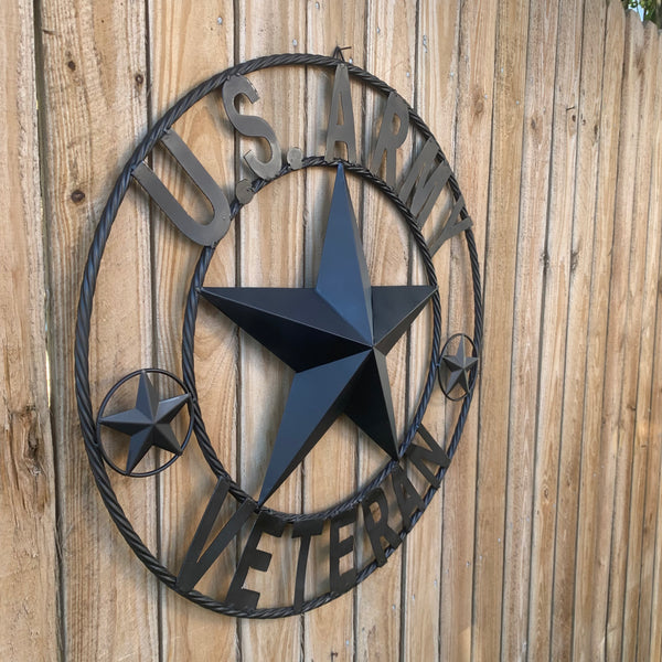 US ARMY VETERAN BARN STAR METAL LONESTAR CUSTOM NAME STAR WESTERN HOME DECOR RUSTIC BLACK  24",32",36",50"