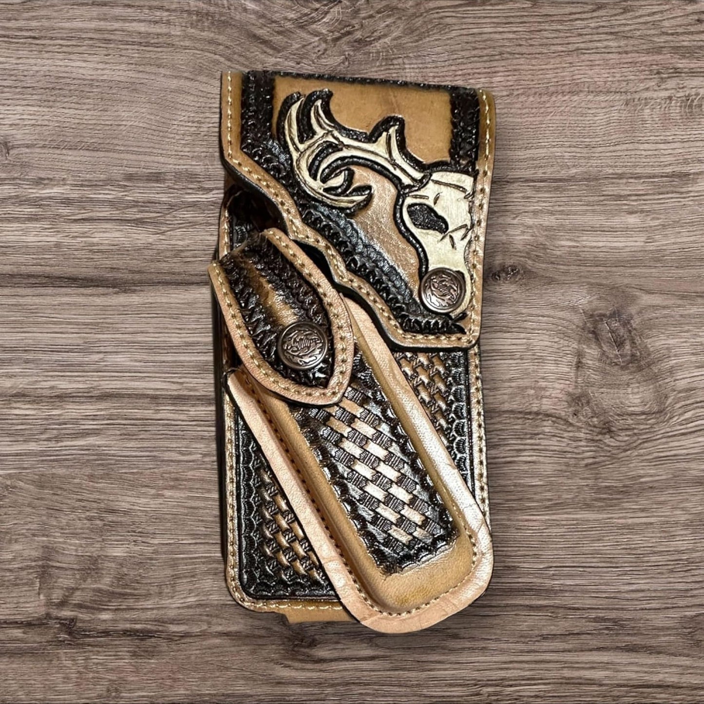 DEER LEATHER HOLSTER PHONE POUCH WITH KNIFE HOLDER FRONT EXTRA LARGE BELT LOOP CELL PHONE CASE UNIVERSAL OVERSIZE #EH12975