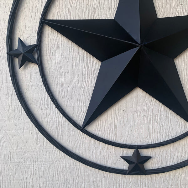 TEXAS LONESTAR WITH 3 SMALL STARS BARN STAR METAL RUSTIC BLACK TWISTED ROPE RING WESTERN HOME DECOR HANDMADE NEW