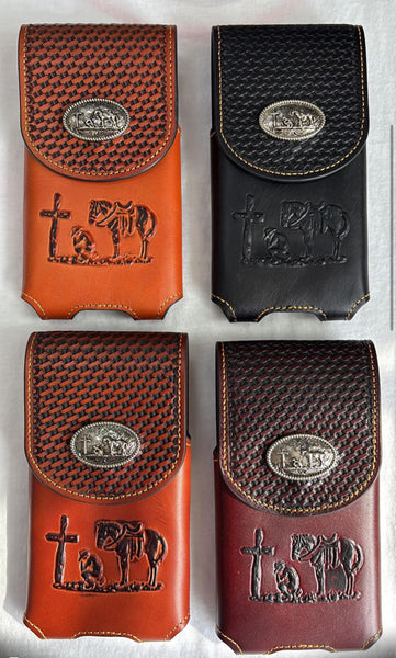 7" COWBOYS PRAYER BROWN EMBOSSED LEATHER POUCH EXTRA LARGE  BELT LOOP HOLSTER CELL PHONE CASE UNIVERSAL OVERSIZE #EH12708--FREE SHIPPING