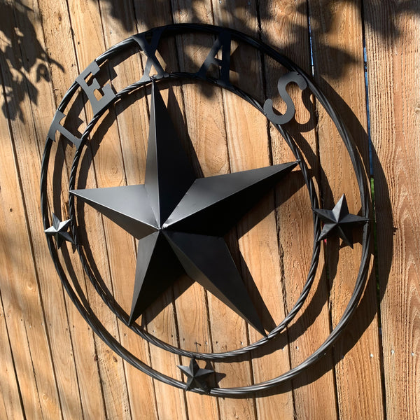 TEXAS LONESTAR WITH 3 SMALL STARS BARN STAR METAL RUSTIC BLACK TWISTED ROPE RING WESTERN HOME DECOR HANDMADE NEW