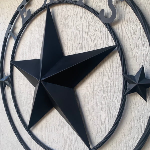 TEXAS LONESTAR WITH 3 SMALL STARS BARN STAR METAL RUSTIC BLACK TWISTED ROPE RING WESTERN HOME DECOR HANDMADE NEW