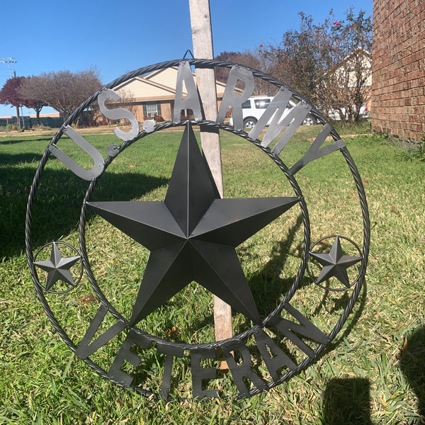 US ARMY VETERAN BARN STAR METAL LONESTAR CUSTOM NAME STAR WESTERN HOME DECOR RUSTIC BLACK  24",32",36",50"