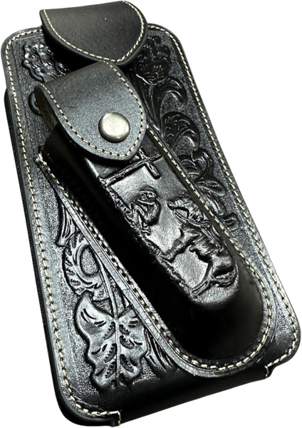 7" COWBOY PRAYER & KNIFE LEATHER POUCH HOLDER XTRA LARGE  BELT LOOP CELL PHONE CASE UNIVERSAL OVERSIZE #EH12300 -- FREE SHIPPING