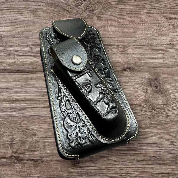 7" COWBOY PRAYER & KNIFE LEATHER POUCH HOLDER XTRA LARGE  BELT LOOP CELL PHONE CASE UNIVERSAL OVERSIZE #EH12300 -- FREE SHIPPING