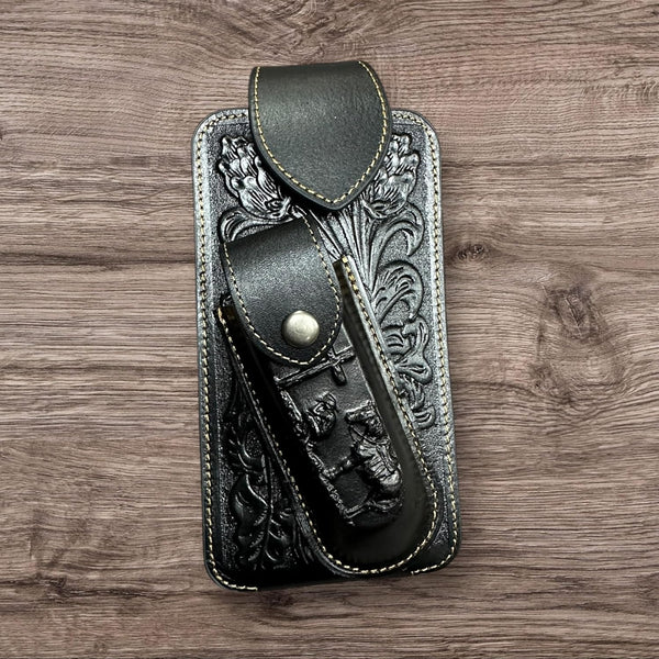 7" COWBOY PRAYER & KNIFE LEATHER POUCH HOLDER XTRA LARGE  BELT LOOP CELL PHONE CASE UNIVERSAL OVERSIZE #EH12300 -- FREE SHIPPING
