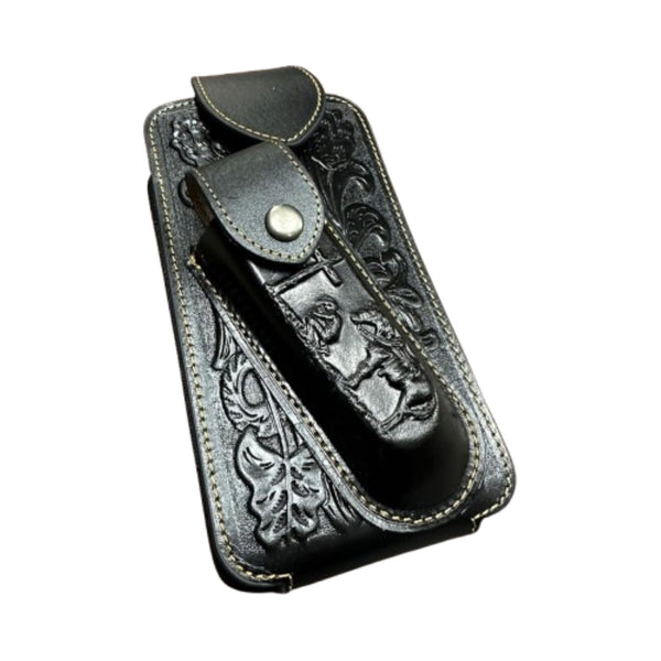 7" COWBOY PRAYER & KNIFE LEATHER POUCH HOLDER XTRA LARGE  BELT LOOP CELL PHONE CASE UNIVERSAL OVERSIZE #EH12300 -- FREE SHIPPING