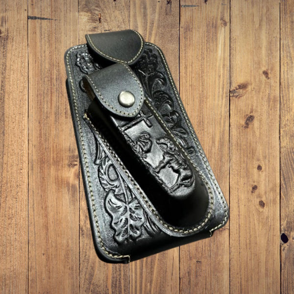 7" COWBOY PRAYER & KNIFE LEATHER POUCH HOLDER XTRA LARGE  BELT LOOP CELL PHONE CASE UNIVERSAL OVERSIZE #EH12300 -- FREE SHIPPING