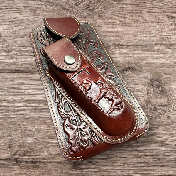 7" COWBOY PRAYER & KNIFE LEATHER POUCH HOLDER XTRA LARGE  BELT LOOP CELL PHONE CASE UNIVERSAL OVERSIZE #EH12300 -- FREE SHIPPING