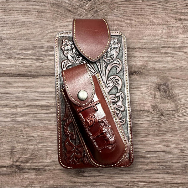 7" COWBOY PRAYER & KNIFE LEATHER POUCH HOLDER XTRA LARGE  BELT LOOP CELL PHONE CASE UNIVERSAL OVERSIZE #EH12300 -- FREE SHIPPING