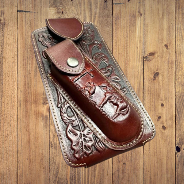7" COWBOY PRAYER & KNIFE LEATHER POUCH HOLDER XTRA LARGE  BELT LOOP CELL PHONE CASE UNIVERSAL OVERSIZE #EH12300 -- FREE SHIPPING