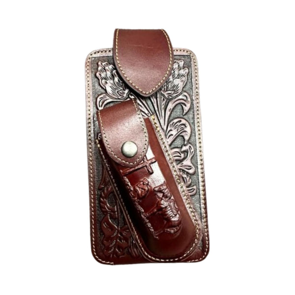 7" COWBOY PRAYER & KNIFE LEATHER POUCH HOLDER XTRA LARGE  BELT LOOP CELL PHONE CASE UNIVERSAL OVERSIZE #EH12300 -- FREE SHIPPING