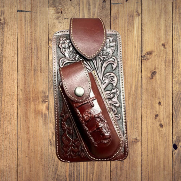 7" COWBOY PRAYER & KNIFE LEATHER POUCH HOLDER XTRA LARGE  BELT LOOP CELL PHONE CASE UNIVERSAL OVERSIZE #EH12300 -- FREE SHIPPING